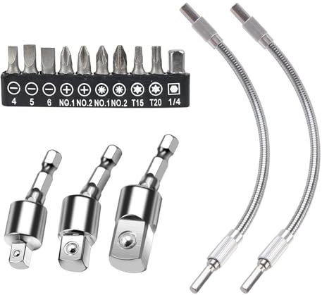 15 Pezzi Adattatore per Presa e Portapunte Flessibile, Adattatore Girevole a 360 Gradi 1/2, 3/8, 1/4 Pollici, 300 mm Snodo per Avvitatore, Adatto per Avvitatori a Batteria (argento)