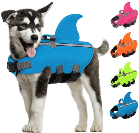 AOFITEE Hai Schwimmweste Hund XS, Verstellbar Hundeschwimmweste Hai mit Rettungsgriff, Reflektierende Hunde Schwimmweste Hohe Flotation Hund Schwimmweste Rettungsweste für Kleine, Mittlere Hunde