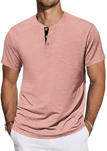 TARAINYA Henley T-Shirt Uomo Cotone Manica Corta Maglietta Tinta Unita Estate con Tasche Casual Rosa L