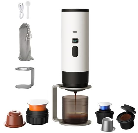 Générique Machine a Cafe Portable, 3 En 1 Cafetière Portable Avec Écran LED et Connecteur Type-C, Cafetières à Multi Capsules Avec Chauffage Automatique Pour Le Camping, Bureau, Maison, Voiture