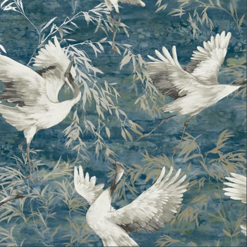 Teal Blue Cranes Wallpaper for Living Room Textured Gold Metallic Shimmer Vinyl Heavy Weight
