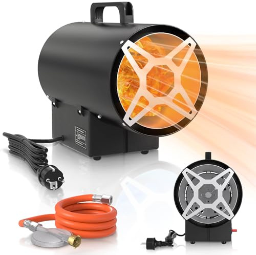 Froadp Gasheizer 10 KW Schwarz, Gasheizgebläse für Innenräume, Mobiles Gas Heizgerät mit Überhitzungsschutz, inkl. 700 mbar Druckminderer & 1,5 m Schlauch, für Baustelle, Werkstatt, Lagerhalle