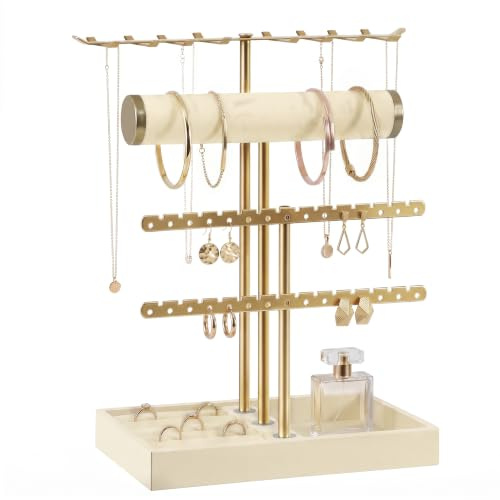 VIRETH HAUS 4-Tier Jewelry Stand Organizer, Gold Metal with Velvet Tray