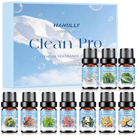Hanolly Sauber Ätherische Öle Set, 10 x 5ml Duftöle Essential Oils für Diffuser, Kerzen - Birkenholzfrische, Farbenfroher Champagner, Frühlingswiese, Fantastische Blumen, Frische Erfrischung