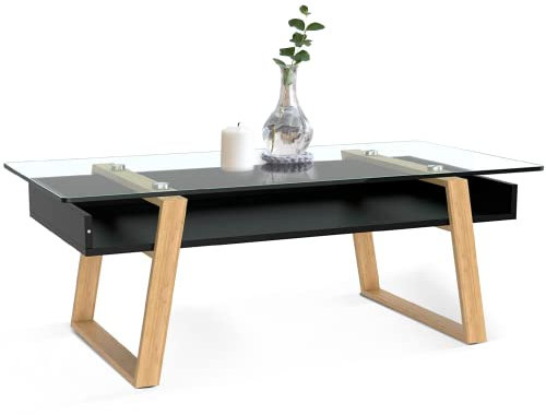 bonVIVO Mesa Centro Multifuncional para Salon - Mesita Negra Rectangular Pequeña Moderna, Cristal y Madera - Mueble Auxiliar Bajo Elegante para Café