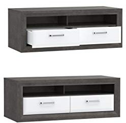 Tv Schrank Lennox New MRYT121, Unterschrank, Lowboard, Fernsehenschrank mit 2 Schubladen, Betonoptik mit Weiß Hochglanz