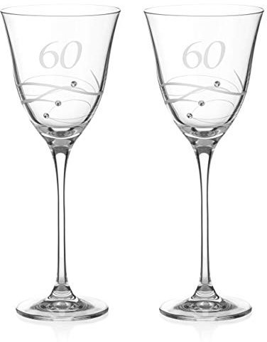 DIAMANTE Swarovski 60th Birthday or Anniversary Wine Glasses – Pair of Crystal Wine Glasses with Hand Etched “60” with Swarovski Crystals