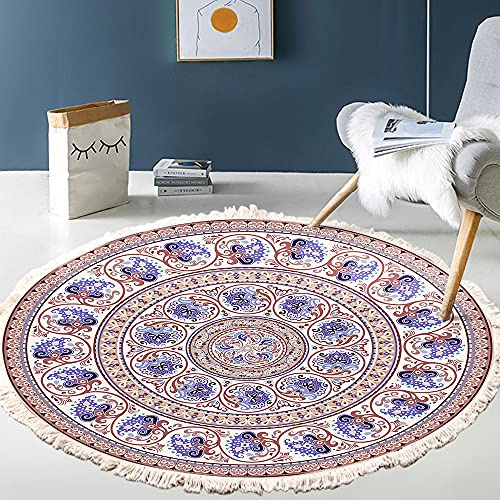 Tapis rond en coton tissé à la main - Motif mandala - Style bohème vintage - Avec pompons - Lavable en machine - Pour chambre à coucher, couloir, salon, table basse - 100 cm - Fleurs #15