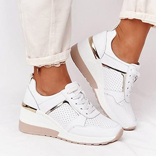 Yagerty Chaussures de Marche pour Femmes Talon compensé à Semelles épaisses Maille Respirante Tennis Baskets décontractées Mousse à mémoire Baskets de Course légères, 37 EU, Blanc