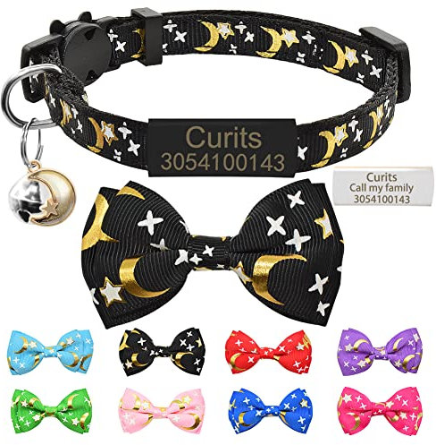 Personalisierte Sterne Monde Katzenhalsband mit Namensschild & Glocke,Benutzerdefinierte Breakaway Fliege Katzenhalsband mit Namensschild Fit 20-28 cm Schwarz