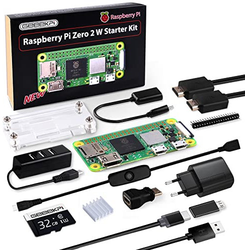 GeeekPi Raspberry Pi Zero 2 W Starter Kit with RPi Zero 2 W Case, 32GB SD Card Preloaded OS, QC3.0 Power Supply, 20 Pin Header, Micro USB to OTG Adapter, HDMI Cable, Heatsink, ON/Off Switch Cable