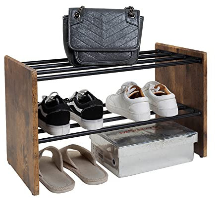 hi-home 2 Tier Shoe Rack Small, Black Metal Shoe Shelves with Wooden Board, Shoe Storage Organizer with Metal Tubes, Shoes Shelf for Narrow Space Closet Hallway Bedroom Entryway, 60x30x37cm