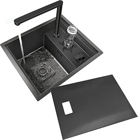 AMOCHO Fregaderos de cocina de un solo tazón con lavadora, fregadero de barra de estación de trabajo de acero inoxidable con enjuague de vidrio, para el hogar, hotel, cafetería, restaurante, negro