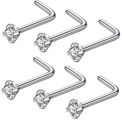 JOYMORE 20g 2.0mm Clear CZ 6pcs 316L Surgical Steel Nose Ring Studs L Shaped Nose Studs for Women L-Shape 20 gauge Stainless Steel Nostrial Piercing Nose Rings