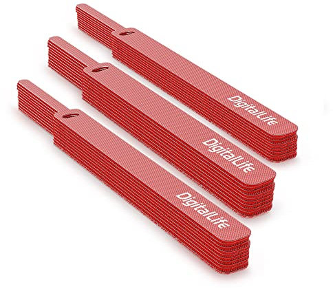 DigitalLife Reusable Cable Straps Ties - Adjustable, Hook & Loop for Cables Organization & Management - Red, 30pcs, 160 x 12mm