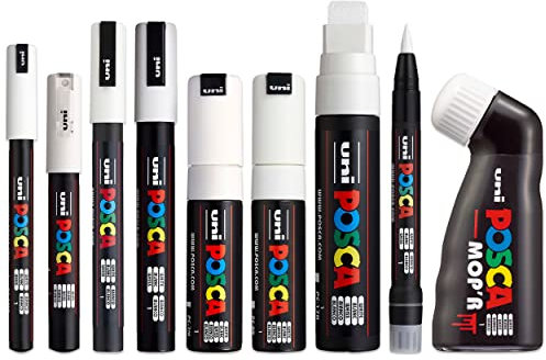 Posca - Full Set of 9 Pens - MOP'R, PCF-350, PC-17K, PC-8K, PC-7M, PC-5M, PC-3M, PC-1M, PC-1MR - White Set