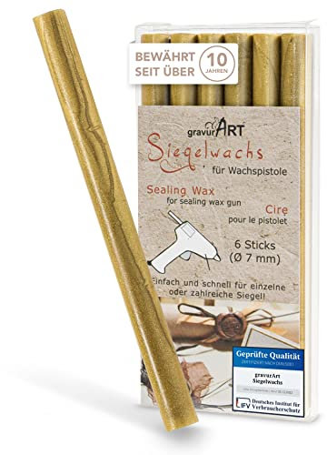 gravurART Siegelwachs flexibel für Wachspistole - Stilvoll Briefe versiegeln mit dem 6er Pack Wachs für Siegelstempel in Brass - 7 mm