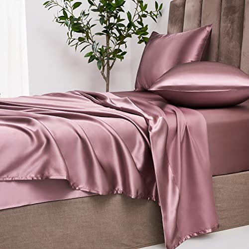 Damier Drap-housse 200 x 200 cm - Rose vieux rose satiné - En soie brillante - De qualité supérieure - Couleur unie - Convient pour les matelas jusqu'à 30 cm
