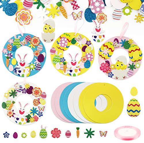 BETESSIN 8 Ostern Bastelset Kinder Ostern Deko Osterkranz Basteln Set Osterhasen Osterküken Frühling mit Moosgummi Sticker Glitzer Osterdeko Kränze zum Aufhängen Türkranz 271 teiliges Kreativset
