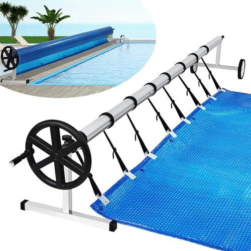 YUENFONG Sistema Enrollable móvil de Acero Inoxidable para Lona Solar, Lonas de Piscina, Enrollable móvil Ajustable, con Ruedas y Correas, Material Resistente a la Intemperie (3m-5,70m)