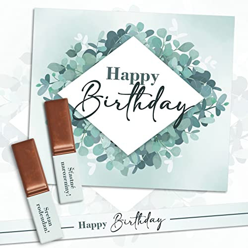 Aufkleber Set auf 3 Din A4 Sticker Bögen für Merci Schokolade für 250g Box als Geschenk ohne Schokoriegel zum persönlich Danke sagen Y062 (13 Happy Birthday Eukalyptus)