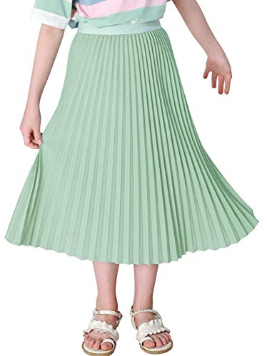 Maeau Faltenrock Lang für Mädchen Chiffon Plissee Rock Kinder Mädchen Mittellange Midi Faltenröcke 9 10 Jahre 140 Hellgrün A Linien Röcke Elastische Hohe Taille Gefaltete Rock Sommer Schulmädchen