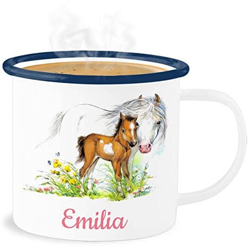 Emaille Becher Blechbecher - Pferd und Fohlen mit Name personalisiert I Geschenk Pferde Mädchen I Pferdeliebhaber - 300 ml - Weiß Blau - tasse pferden pferdemotiv
