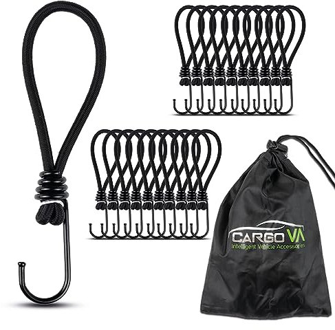 CargoVA® - 20 Spanngummis mit Haken und praktischer Tasche - Expanderhaken für Planen und Netze - Schwarz - 15cm [20 Stück]