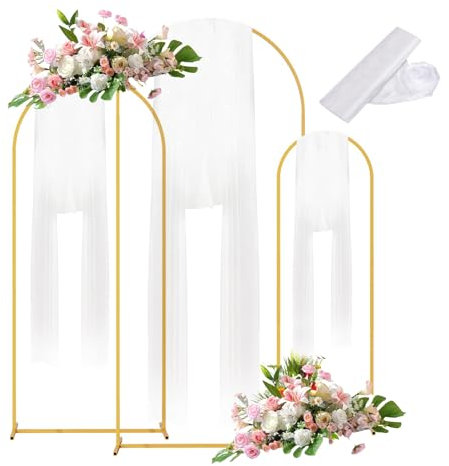 MOZMY Hochzeitsbogen-Hintergrundständer-3 Sätze von Gold Rosenbogen Goldener Bogen Gold Ballonbogen mit 3 STK Organza Arch Metall traubogen Hochzeit Stander für Party Zeremonie Events Dekoration