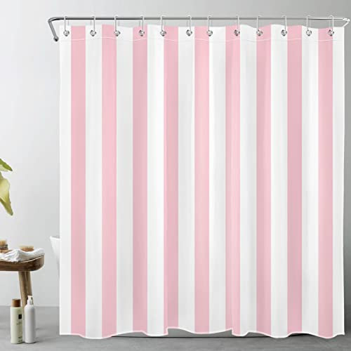 LB Rayures Roses et Blanches Rideaux de Douche 180x180cm Art géométrique Simple Rideaux de Bain avec Crochets, Minimaliste Imperméable Polyester Anti Moule Salle de Bain Décor