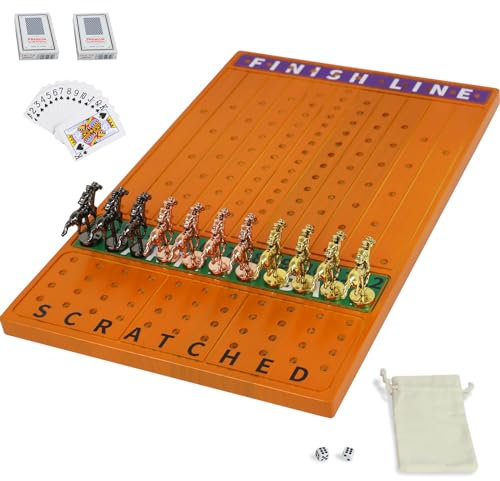 Jyquorp Horse Race Brettspiel Rennspiel Verdicktes Massivholz mit 11 luxuriösen, langlebigen klassischen Metallpferden mit 4 Würfeln und 2 Kartons Pferderennspiel (roter Pfirsich, Rechteck