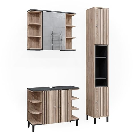 Vicco Badmöbel-Set Aquis, Sonoma, 79.6 cm | besteht aus Waschbeckenunterschrank, Spiegelschrank und Hochschrank