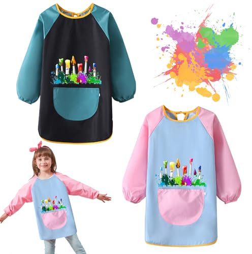 Braleto 2 Stück Malschürze Kinder Wasserdicht Malkittel einstellbar Bastelschürze Kinder mit Ärmeln für 5-12 Jahre Mädchen/Junge für Schule, Kunst, Zeichnen, Kochen (XL)
