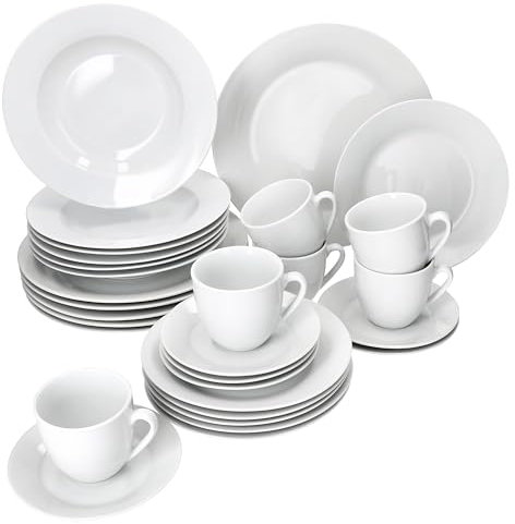 MamboCat Tommy 30tlg Kombiservice I weiße Porzellan-Geschirrset für 6 Personen I Je 6X Kaffeetassen 200ml, Untertassen, Kuchenteller, Suppenteller & Speiseteller I Tafel & Kaffee für Gastro, Hotel