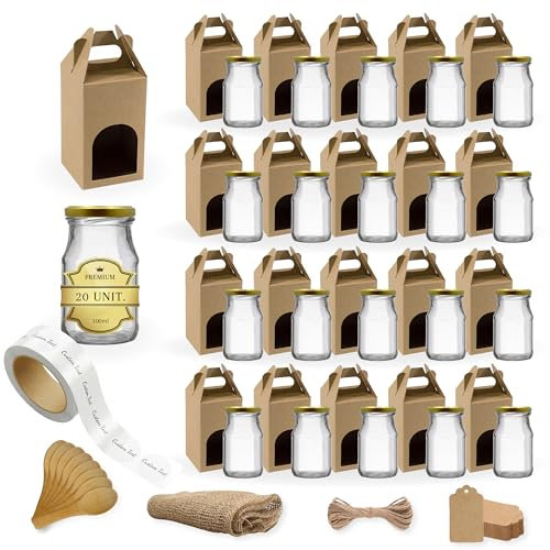 20 Pots en Verre 100 ml avec Courvecle + Boîtes + Cuillères + Étiquettes Personnalisées + Étiquettes Kraft + Tissu + Fil | Bocaux Alimentaire, Bocaux Sauce Tomate, Bocaux à Confiture, Bocaux pour Miel