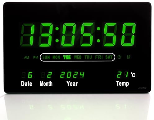 TruWare Just Camp Wanduhr Digital Groß LED Uhr mit Kalender Digitaluhr mit Temperaturanzeige und Wecker Studiouhr für Gewerbe Cafés Kiosk Hallenuhr L (Grün)