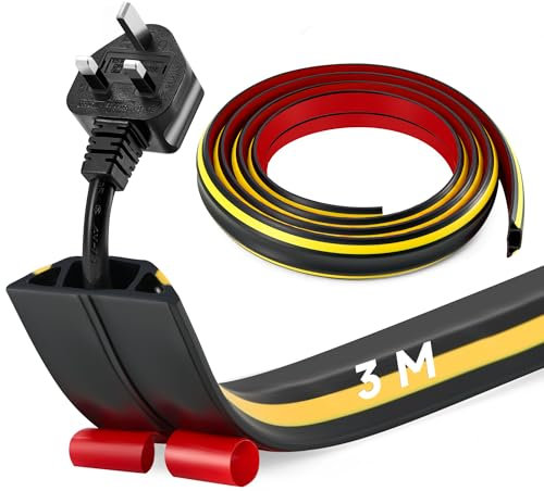 CREWORKS 3 m Floor Cord Cover, 3 Channel Cable Cover with Self-Adhesive Baking, Extension Cord Cable Protector, Flexible PVC Duct Wire Cable Management for Homes Offices Garages, Black & Yellow