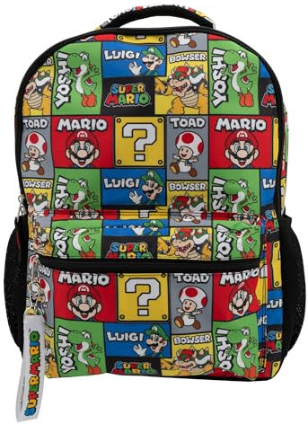AI ACCESSORY INNOVATIONS Super Mario Brothers Rucksack für Kinder, 40,6 cm Schultasche, Allover-Charakter-Druck, einschließlich Mario, Yoshi, Luigi, Toad, Boswer, Gaming-Büchertasche, silber, Large,