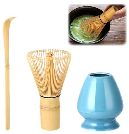 Wenrescry Matcha-Set, Matcha Tee Set mit Bambus Schneebesen, 80 Zinken, Handarbeit, Traditionell Japanische Teezeremonie, Grüner Tee Pulver Set, 3-teiliges Geschenk-Set, Einfach zu Reinigen