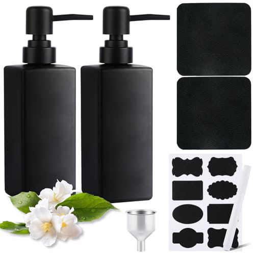 Distributeur Savon en Verre（avec Entonnoir, Coussin de Bouteille, étiquette ）, Distributeur de Savon Noir 350ml, Distributeur Savon Liquide Réutilisable pour la Douche, la Cuisine et la Buanderie