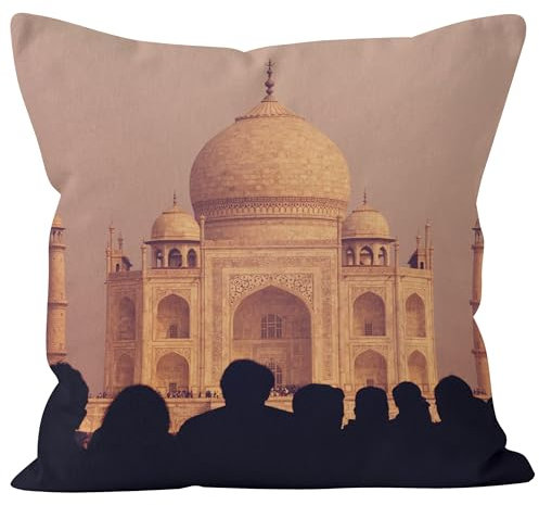 CEVAN Leinen Kissenbezüge Vintage Kissenhülle Couch Blick Auf Das Taj Mahal Kissenbezüge Deko Kissenhülle Fransen Kissenbezüge Sofa Dekor 40x40cm,1Pcs