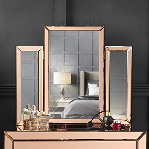 FABS Paloma Trifold Vanity Makeup Mirror - Free Standing 3 Way Mirror with Bevelled Glass Design - Tabletop Cosmetic Mirror for Bedroom & Vanity - Rose Gold