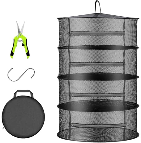 HYDGOOHO Herb Drying Rack Net Mesh with Black Zippers Hydroponics, Bonus Hook Scissor Drying Rack 2ft for Plant Bud Seed, Mesh Hanging Plant Dry, Herb Dry Net for Garden (4 L, Black Zipper)