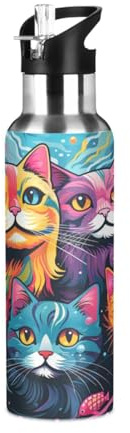 Niigeu Oil Painting Cat Kitten Water Bottle Insulated Large 1L Stainless Steel Sport Vacuum Flask with Straw Leak Proof for Travel Coffee