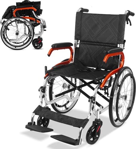 COVNBXN Ultraleicht Rollstuhl Faltrollstuhl, Faltbar und leicht Rollstuhl für Ältere und Behinderte, Sitzbreite: 45 cm, Abnehmbare Rollen mit einem Knopf, Aluminium