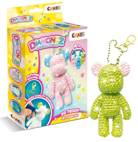 DIAMONDZ CRYSTAL PAINTING - 3D Teddy Keychain Set - DIY Diamond Painting Teddybär Schlüsselanhänger Bastelset, Diamant Malerei Kinder mit Zubehör, 4 Farben
