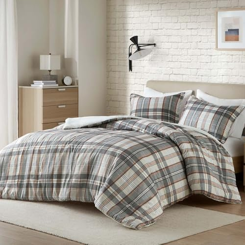 Intelligent Design Queen Duvet Cover Set Plaid Classic Cabin Lodge Duvet Cover Queen Size, Modern Casual Lightweight All Season Bedding Cover Queen, Matching Shams, Blake, Full/Queen Tan/Gray 3 Piece