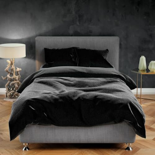 Leonado Vicenti Teddy Plüsch Bettwäsche 135x200 cm Warme Winter Uni Wende Bettbezug Cashmere Touch Anthrazit Schwarz