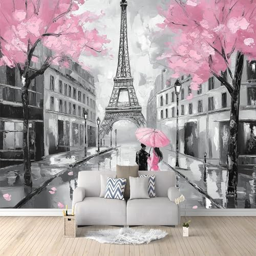 Oil Painting Romantic Paris Mural Wallpaper Pink Grey Wall Murals for Bedrooms Living Room Children Nursery Wall Mural Art Decor Wall Decoration Paper Poster 350x256 cm