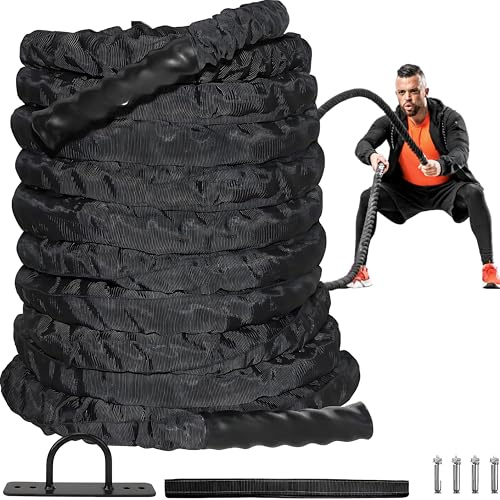 Senshi Japan Battle Rope 38mm & 50mm * 6/9/12/15m SUPER HEAVY Exercise Rope for Home Gyms, Weighted Rope Training, Professional Workouts (COVERED - [51MM THICK] - 9M, With Anchor)